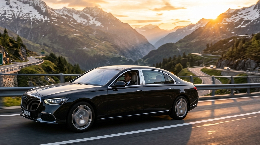 Luxury car driving through Swiss Alps mountain road