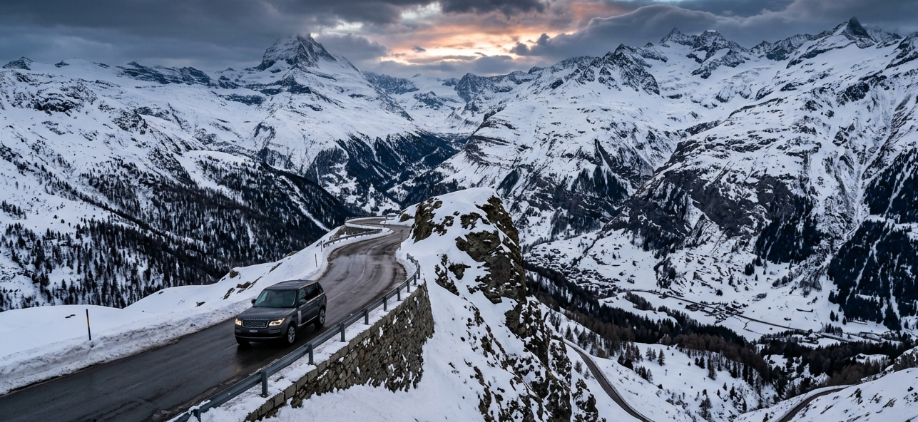 Scenic Swiss lake with luxury vehicle and mountain reflection