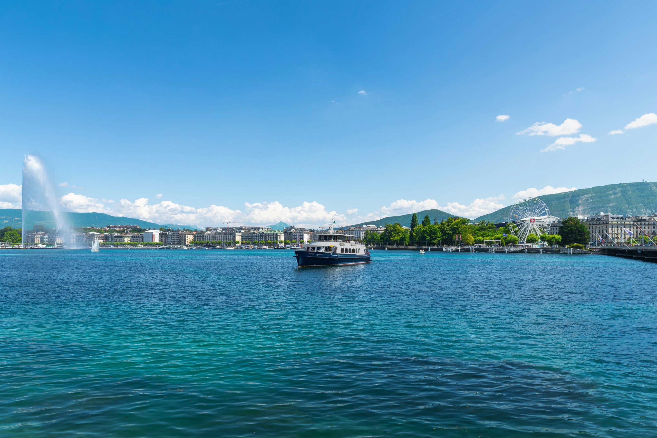 Scenic Lake Geneva with Jet d'Eau and Ferris Wheel