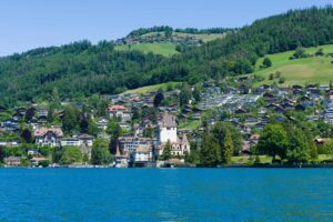 Beautiful lakeside view of Spiez castle on day trips from Interlaken
